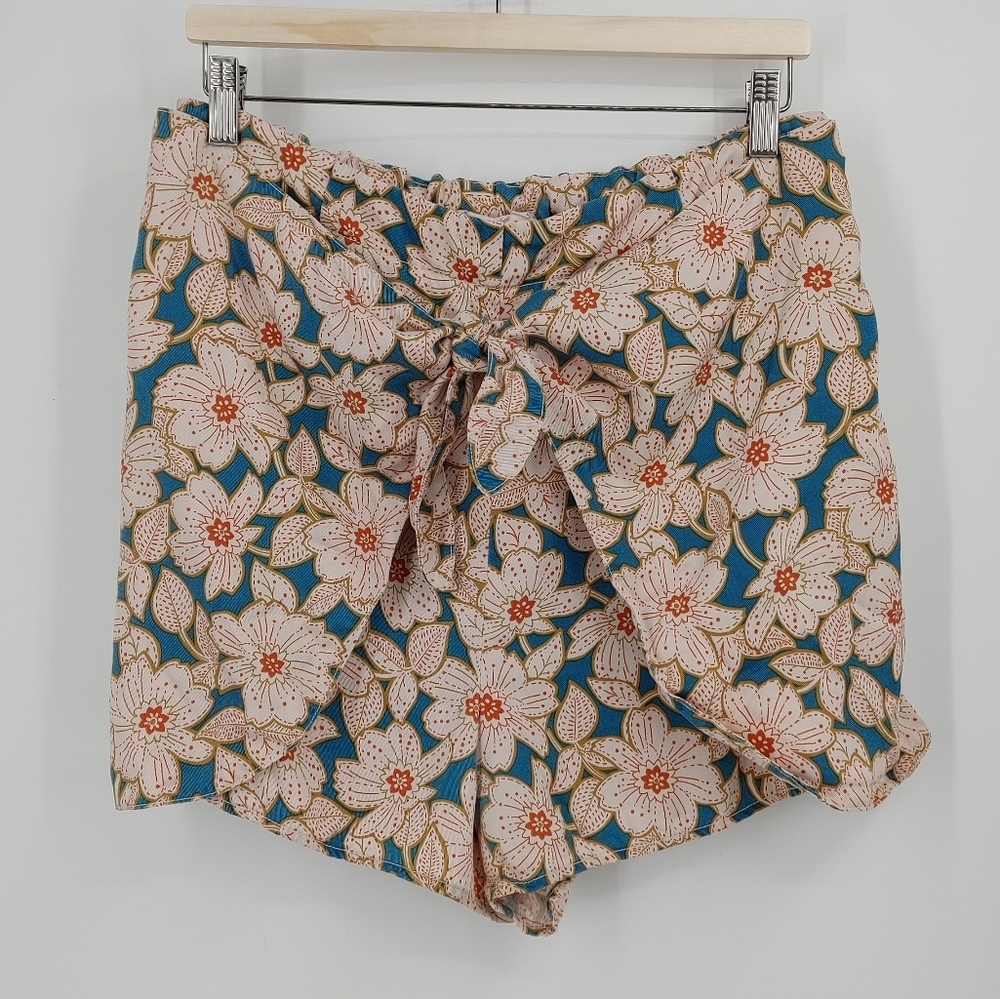 Anthropologie Teal Floral Tie-Waist Shorts